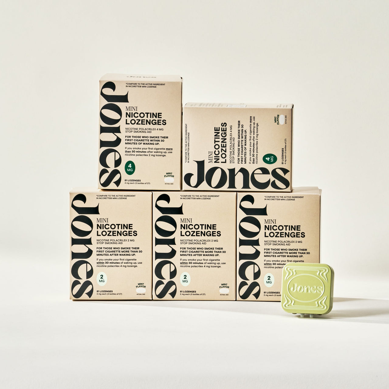 Five beige boxes of Jones nicotine replacement therapy mints. Three boxes of 2mg strength and two boxes of 4mg strength. Green tin marked "Jones" in front on a white surface—ideal for those with moderate dependency as part of a doctor-recommended quit plan.