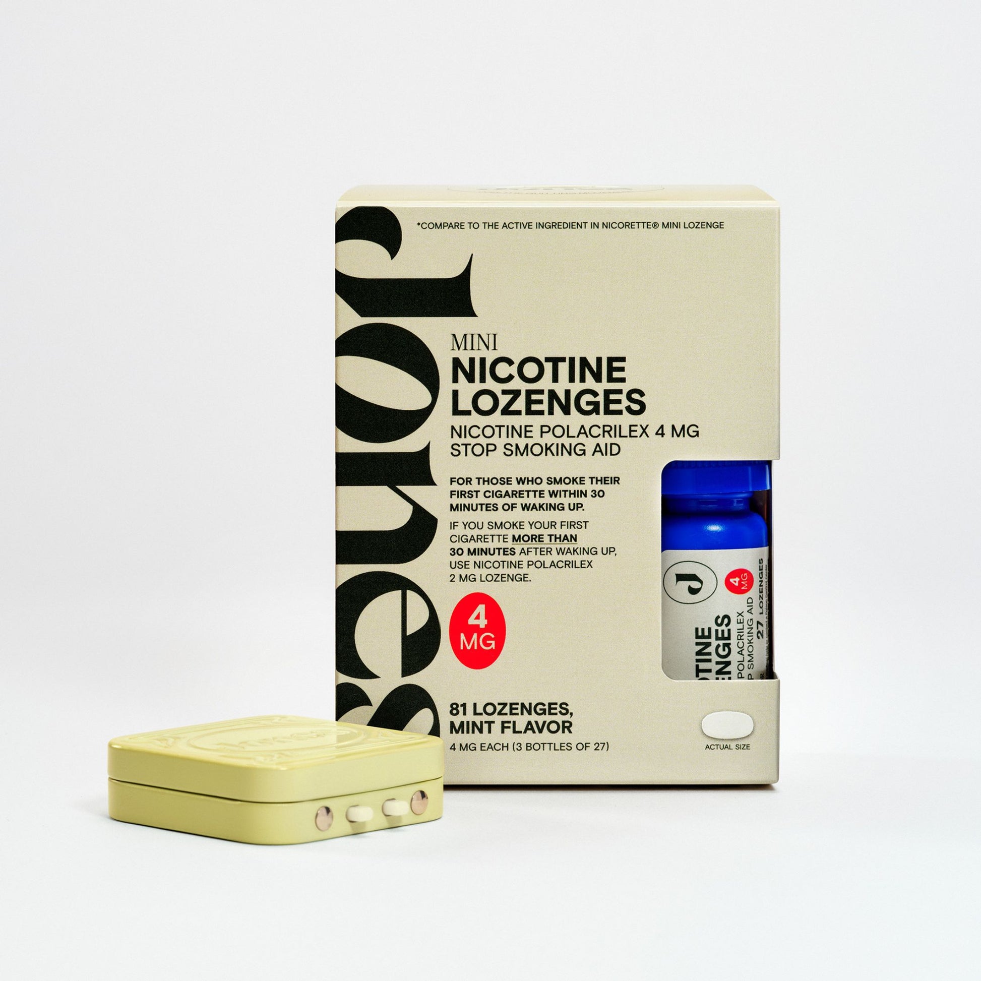 This FDA-approved package contains a mint-flavored nicotine replacement therapy called the 4mg Lozenge, including a small tin and bottle of 81 lozenges. It helps curb nicotine cravings and assist in smoking cessation.