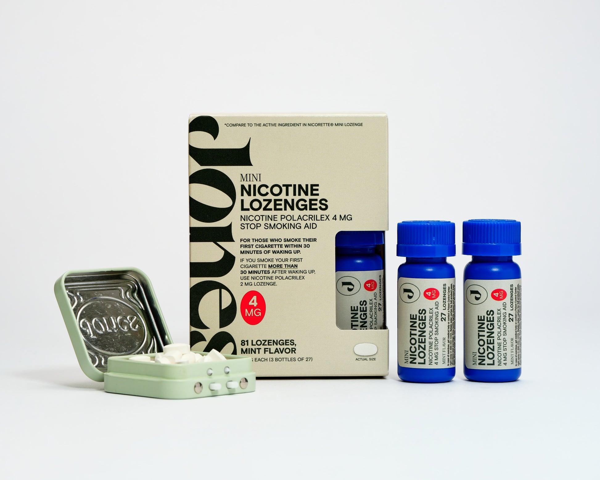 The 4mg Lozenge packaging, along with two blue bottles, is on display next to an open mint tin revealing mint lozenges. This FDA-approved product helps manage nicotine cravings effectively.