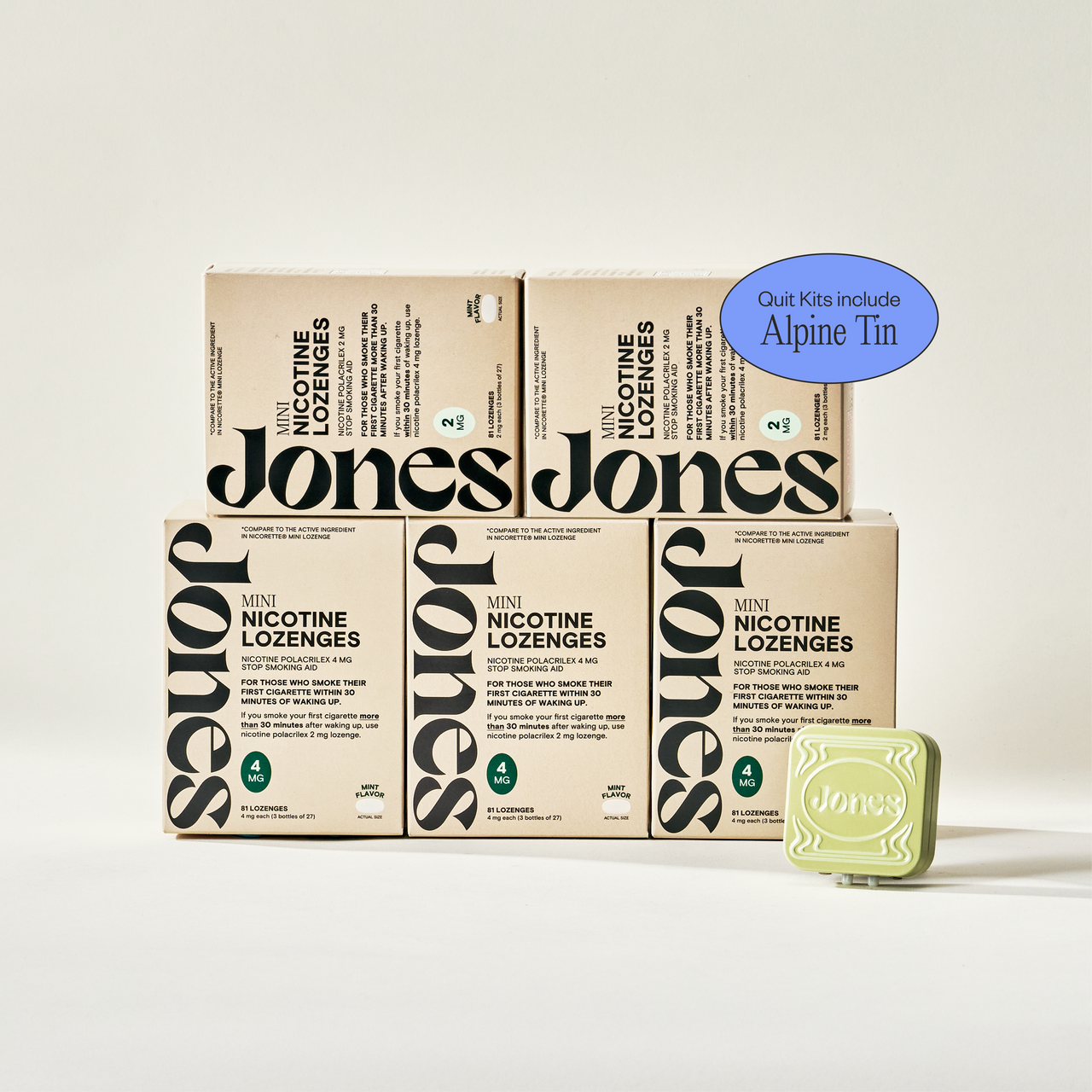 Two tan-colored Jones Sampler boxes are shown—one upright with a green lozenge container on top, the other leaning beside it. Text highlights the Jones brand name, 2mg nicotine mints, and mint flavor.