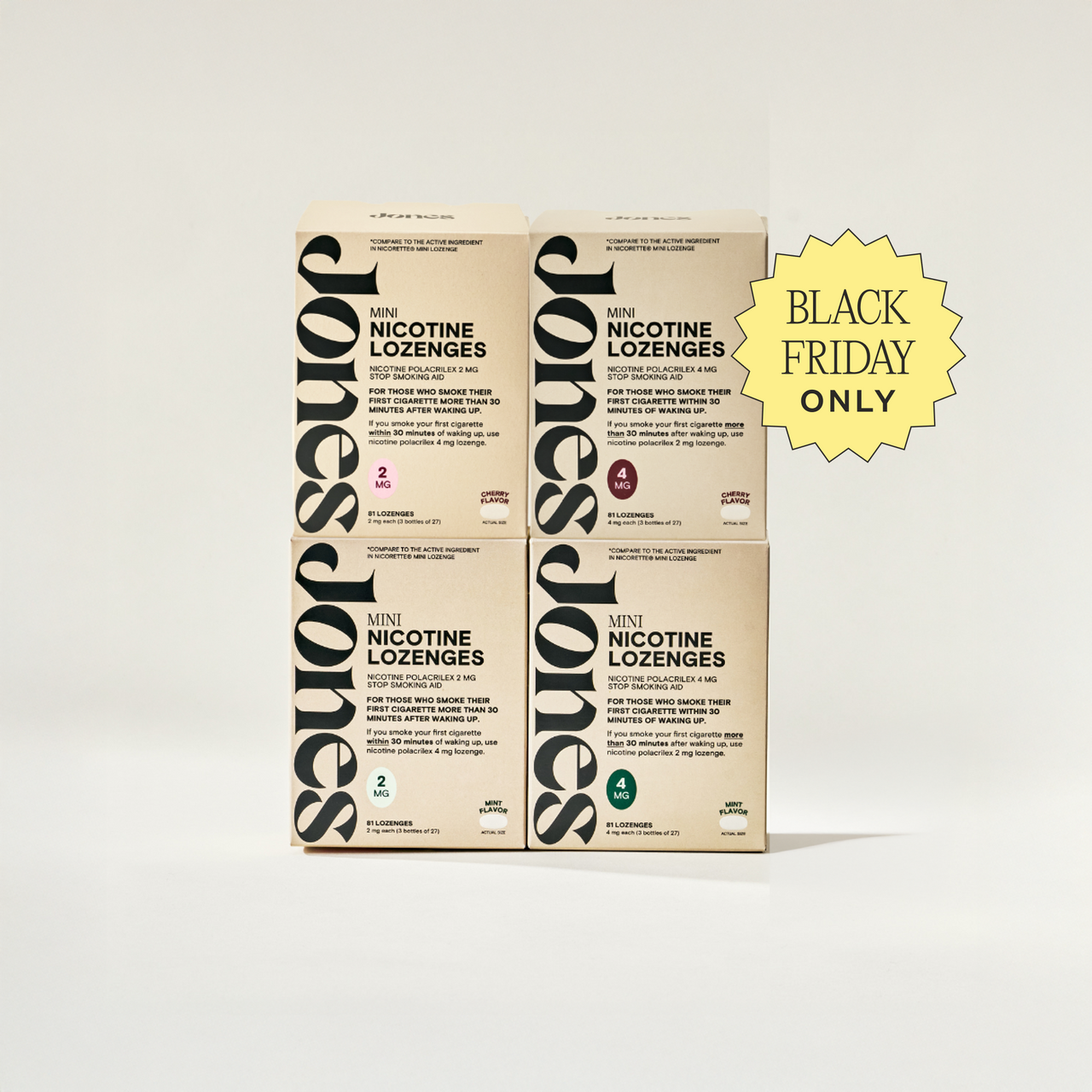 Four beige boxes of Jones The Sampler Mini Nicotine Lozenges are arranged in a square. FDA-approved, each features “Jones” vertically in black letters and nicotine strength icons—ideal support for quitting smoking.