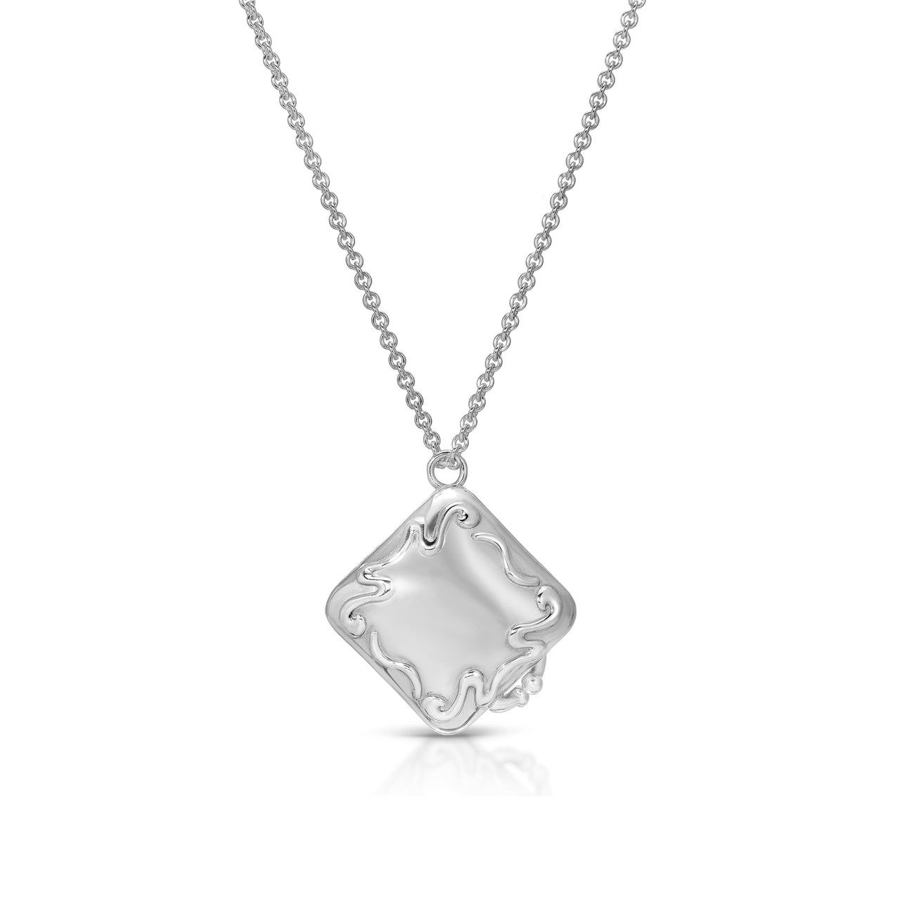 The Quit with Jones Sterling Chain is a sterling silver necklace featuring a thin chain and a square pendant with wavy abstract detailing, making it beautifully wearable for any occasion.