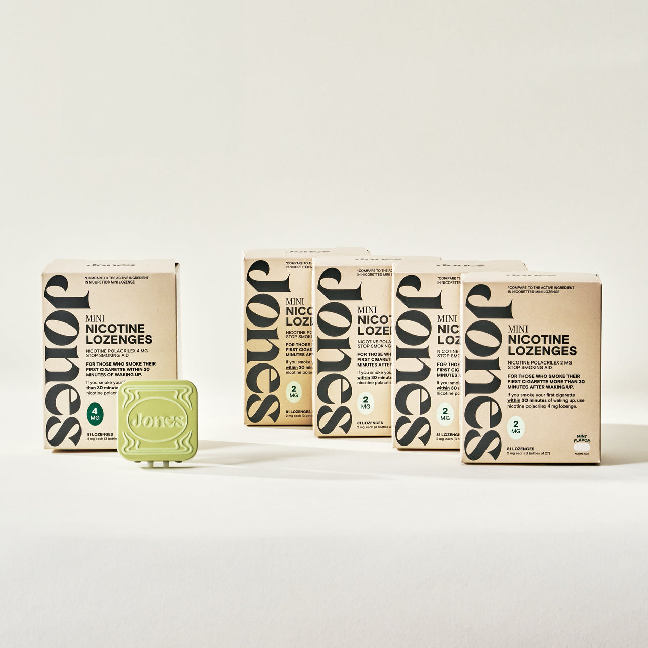 Four boxes of Jones Low-Moderate Dependency mini nicotine lozenges are in a row, with a green Jones tin in front—perfect for those starting their quit plan or reducing cravings with Jones.