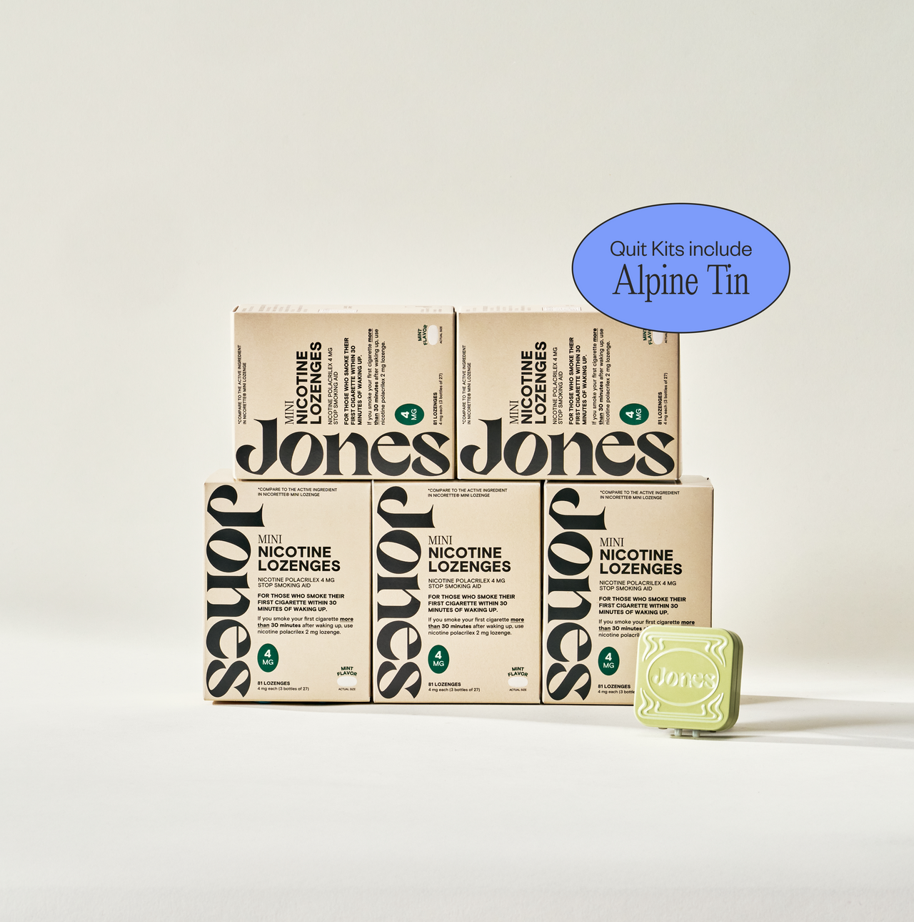 Four boxes of Jones (OLD) Switcher Upper lozenges are stacked, with one tin on top. Each box features bold black branding and product details, making them perfect for cravings support.