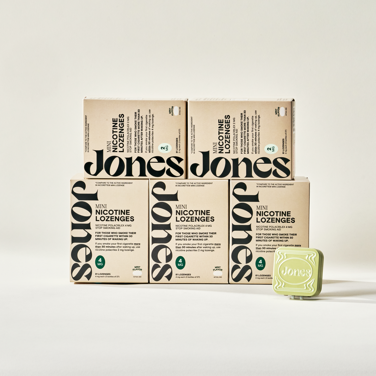 Five boxes of Jones Nicotine Lozenges are arranged in a stack with a green Jones tin in front, all displayed on a white surface. Quit vaping kit for frequent or high dependency nicotine users.