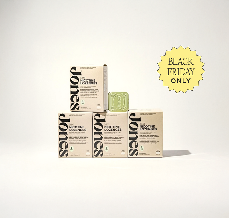 Two tan-colored Jones Sampler boxes are shown—one upright with a green lozenge container on top, the other leaning beside it. Text highlights the Jones brand name, 2mg nicotine mints, and mint flavor.