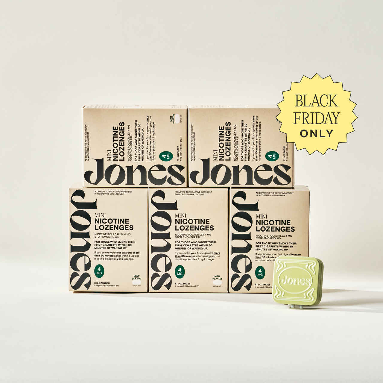 Four boxes of Jones (OLD) Switcher Upper lozenges are stacked, with one tin on top. Each box features bold black branding and product details, making them perfect for cravings support.