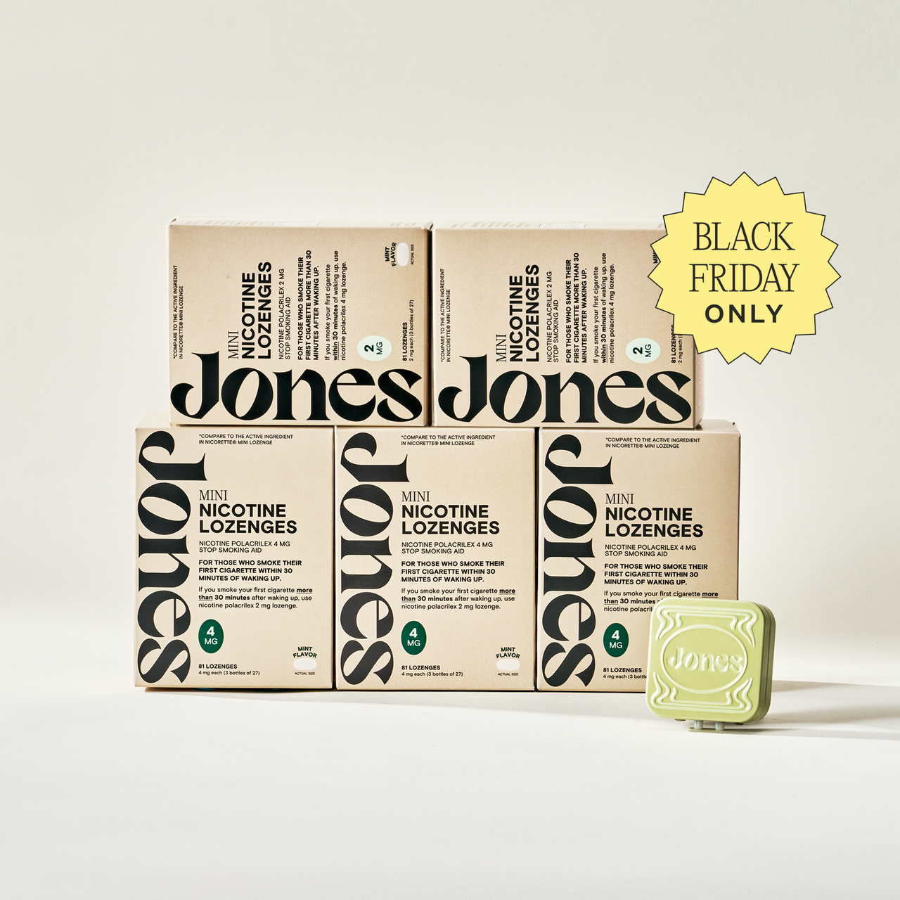 Two tan-colored Jones Sampler boxes are shown—one upright with a green lozenge container on top, the other leaning beside it. Text highlights the Jones brand name, 2mg nicotine mints, and mint flavor.