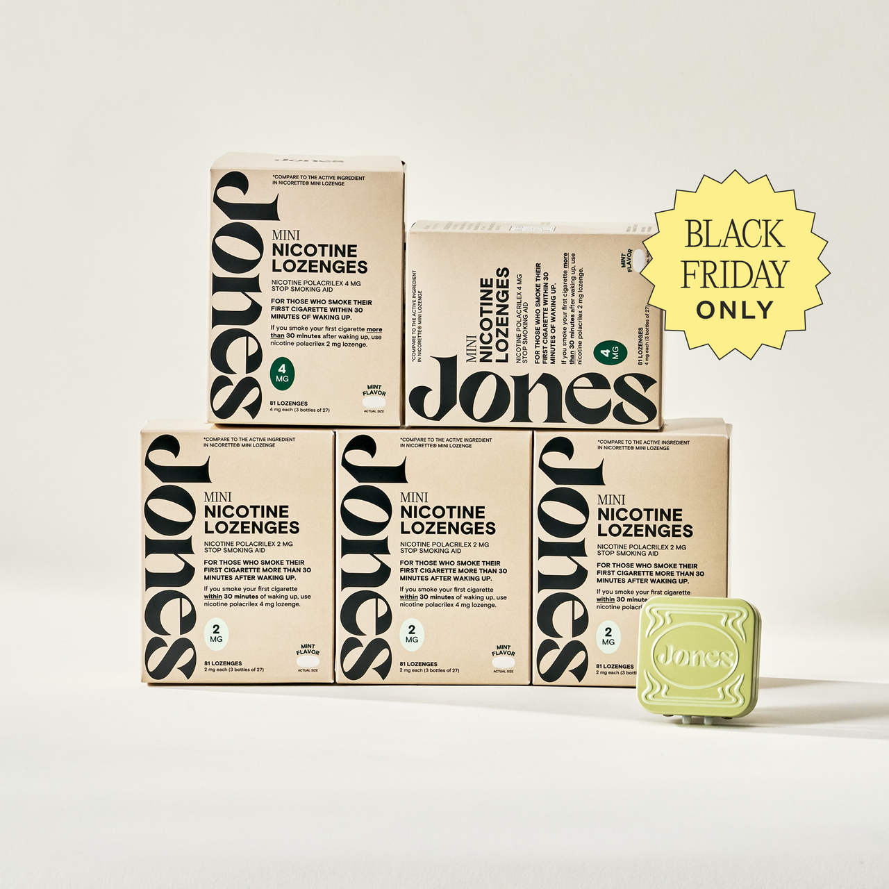Two tan-colored Jones Sampler boxes are shown—one upright with a green lozenge container on top, the other leaning beside it. Text highlights the Jones brand name, 2mg nicotine mints, and mint flavor.