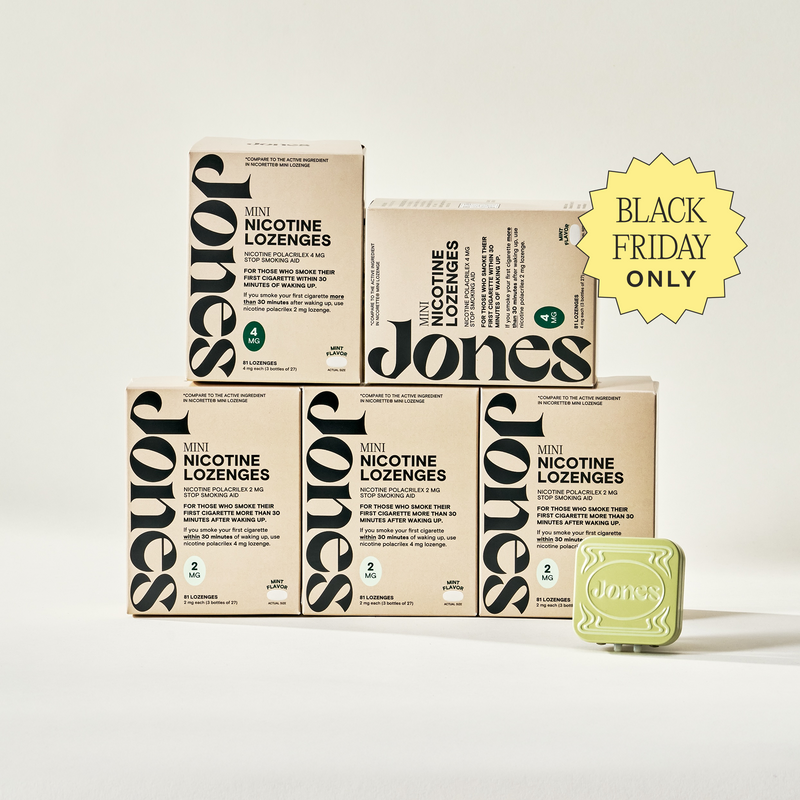 Two tan-colored Jones Sampler boxes are shown—one upright with a green lozenge container on top, the other leaning beside it. Text highlights the Jones brand name, 2mg nicotine mints, and mint flavor.
