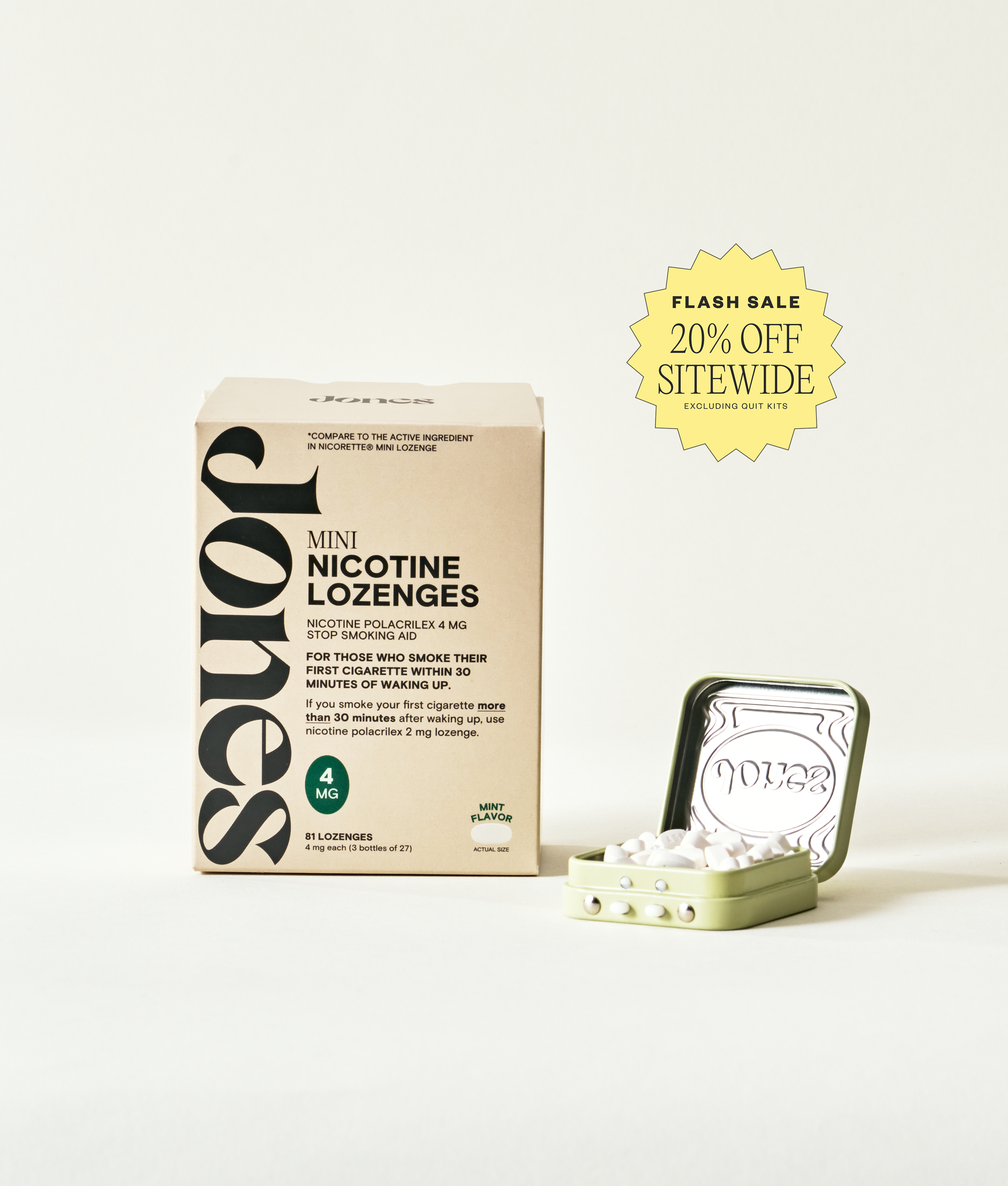 A box labeled "Nicotine Mints" by Quit with Jones stands next to an open metal tin of small white mint lozenges. The FDA-approved packaging shows 4 mg strength and promotes their role in nicotine replacement therapy.