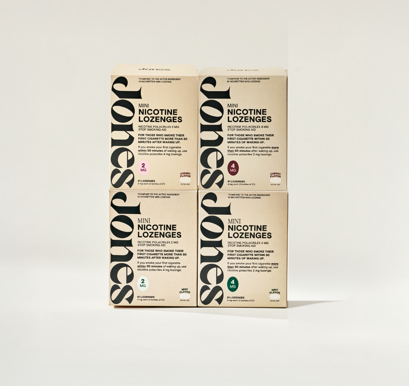 Four beige boxes of Jones The Sampler Mini Nicotine Lozenges are arranged in a square. FDA-approved, each features “Jones” vertically in black letters and nicotine strength icons—ideal support for quitting smoking.